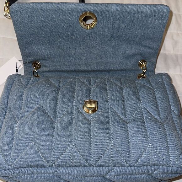 Talbots Gold Tone Chain Strap Leather Trim Quilted Denim Blue Shoulder Bag - Picture 13 of 16